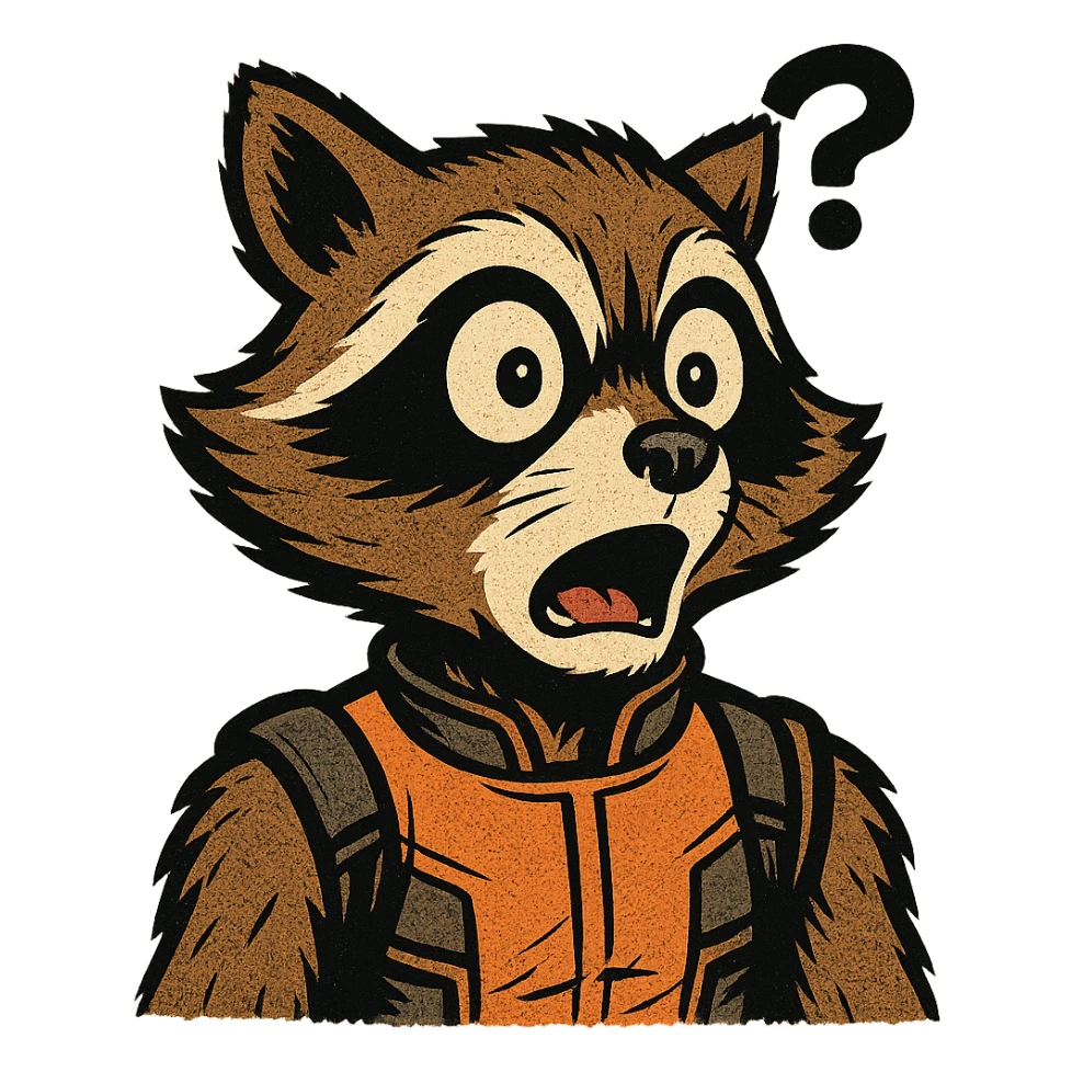 Rocket Raccoon in old school comic book style, surprised expression, wide eyes, with a question mark above his head sticker