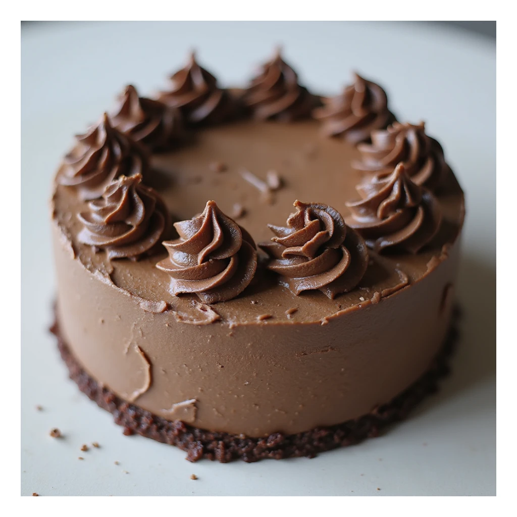 realistic round cake with mocha frosting and chocolate curls, photorealistic style sticker