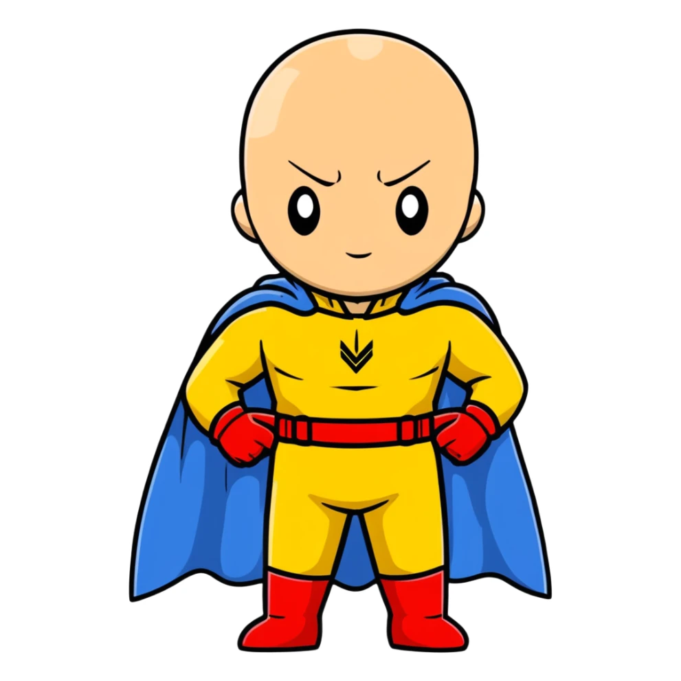 Saitama from One Punch Man, bald head, blank expression, yellow hero suit with white cape, red gloves sticker
