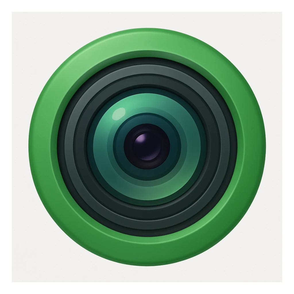 A simple camera lens, apple emoji style, front view, no face, green sticker
