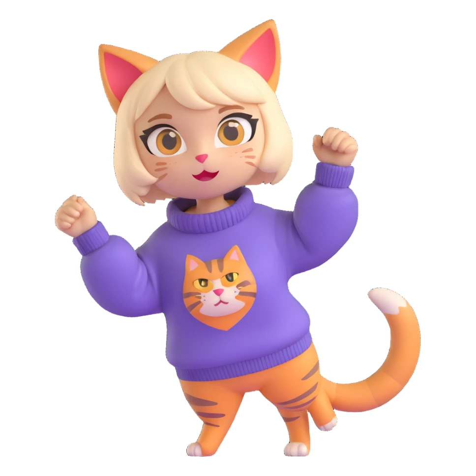 cute 3D cat girl, short hair, energetic pose, oversized sweater, bright eyes, playful vibe sticker