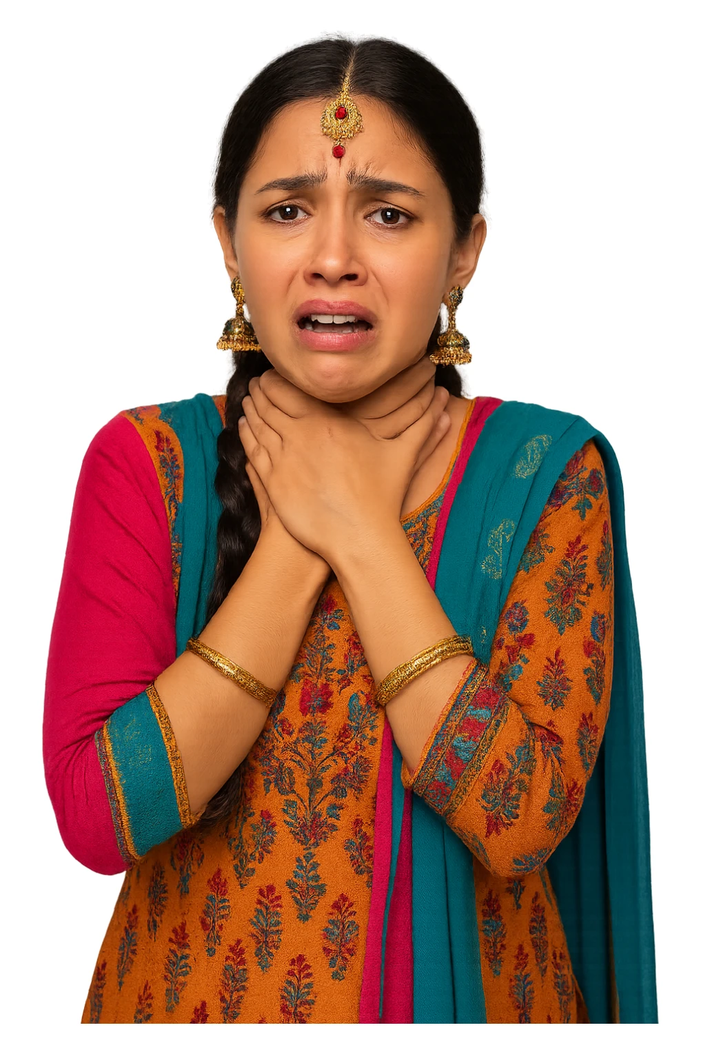 A young woman in salwar kameez, choking herself with both hands, distressed expression, traditional jewelry, colorful, no background sticker