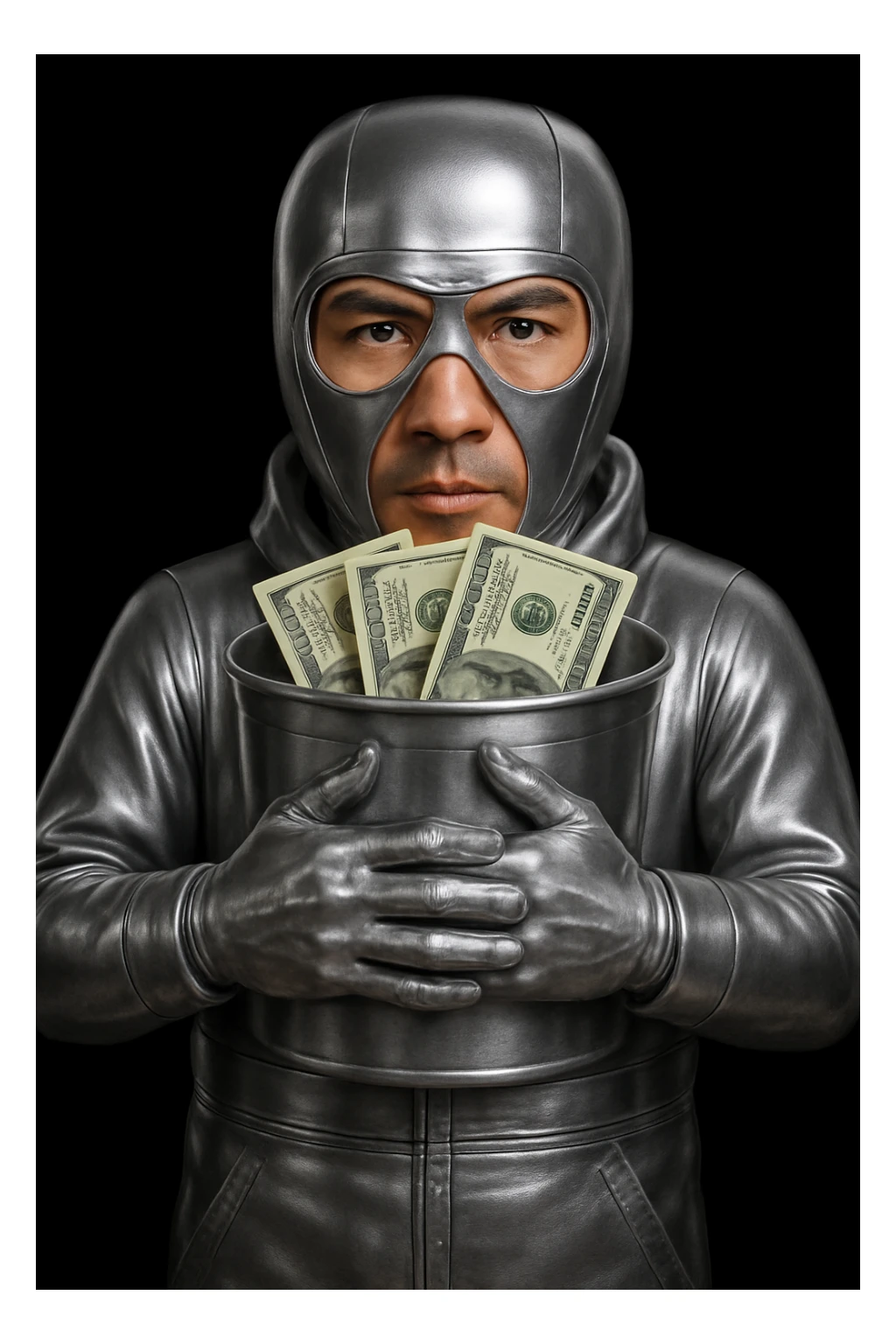 Replace the cartoonish green dollar bills with realistic-looking US dollar bills, keeping the rest of the image unchanged. The bills should have authentic details and textures, aiming for photorealistic style with fine details and textures on the bills. sticker