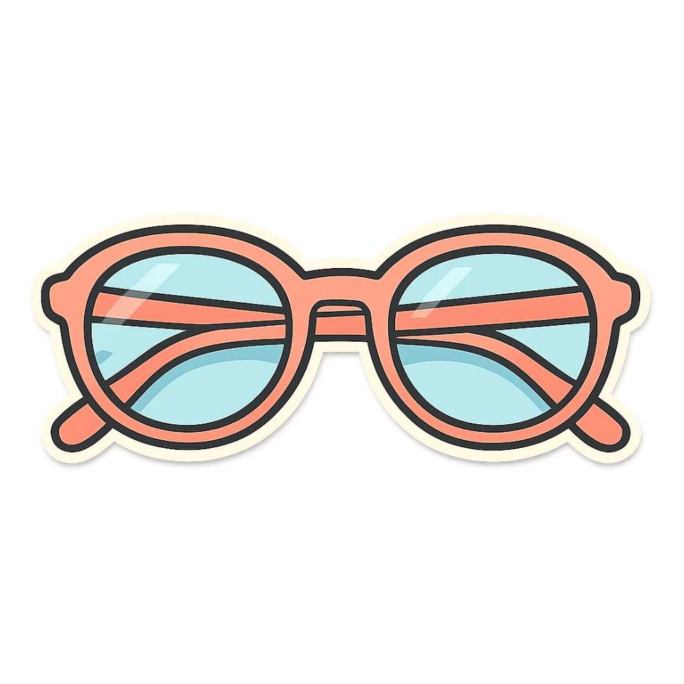 stylish eyeglasses for vision with diopters, wide oval frame, top-down view, vector look with shadows and glare, detailed shading, thin clean outlines, pastel palette, Japanese pop art, sticker look, highly detailed sticker