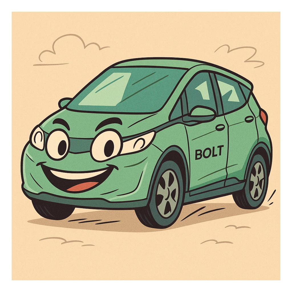 a green bolt car, cartoon style, energetic sticker