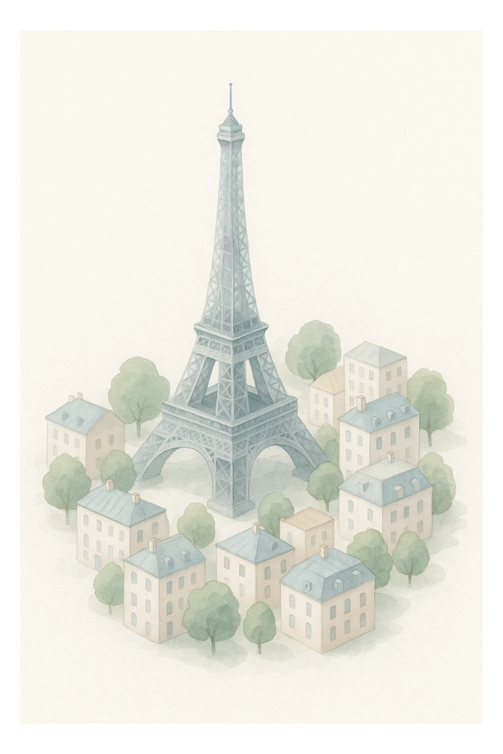 Isometric illustration of Paris, featuring the photorealistic Eiffel Tower surrounded by small Parisian buildings and trees, highly detailed in semi-realistic style sticker