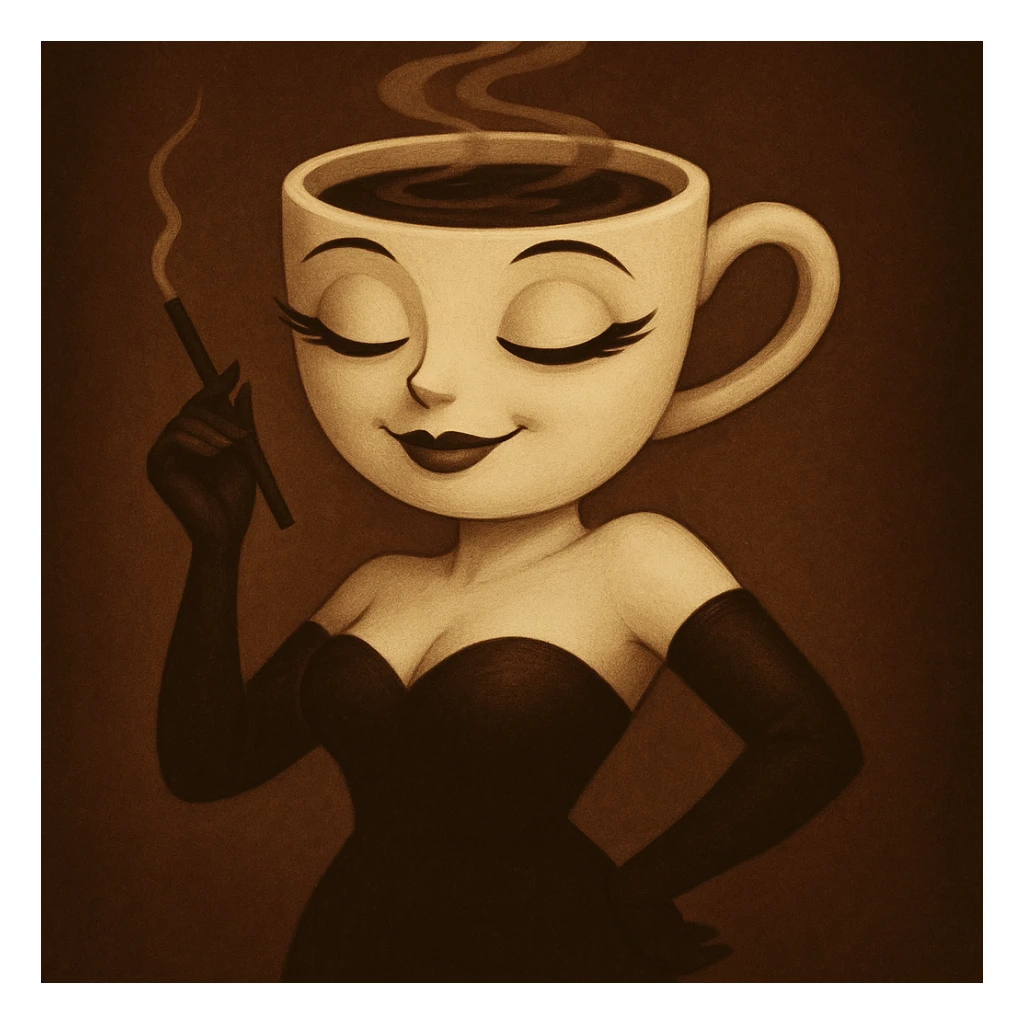 Edit the coffee cup woman character to have a dreamy expression with half-closed eyes and a soft smile. Keep the original style and character intact, only modify the eyes and mouth to reflect this expression. sticker