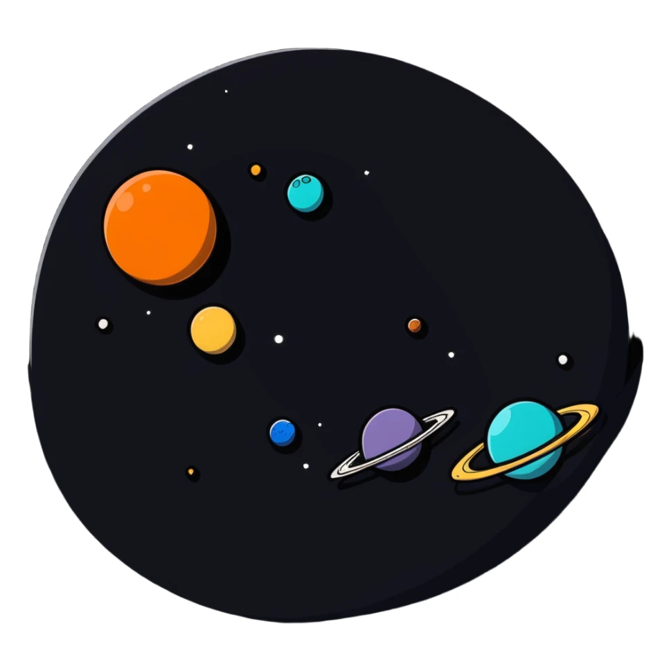 Bright planets and stars floating, white background, high saturation, colorful sticker