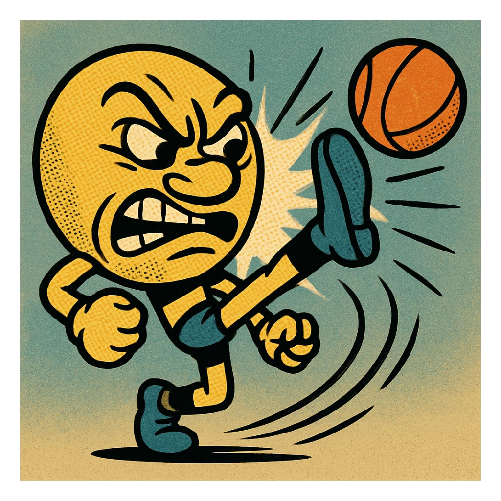 cartoonish mean face doing a dramatic high kick to a ball, exaggerated features, action lines, comic book style sticker