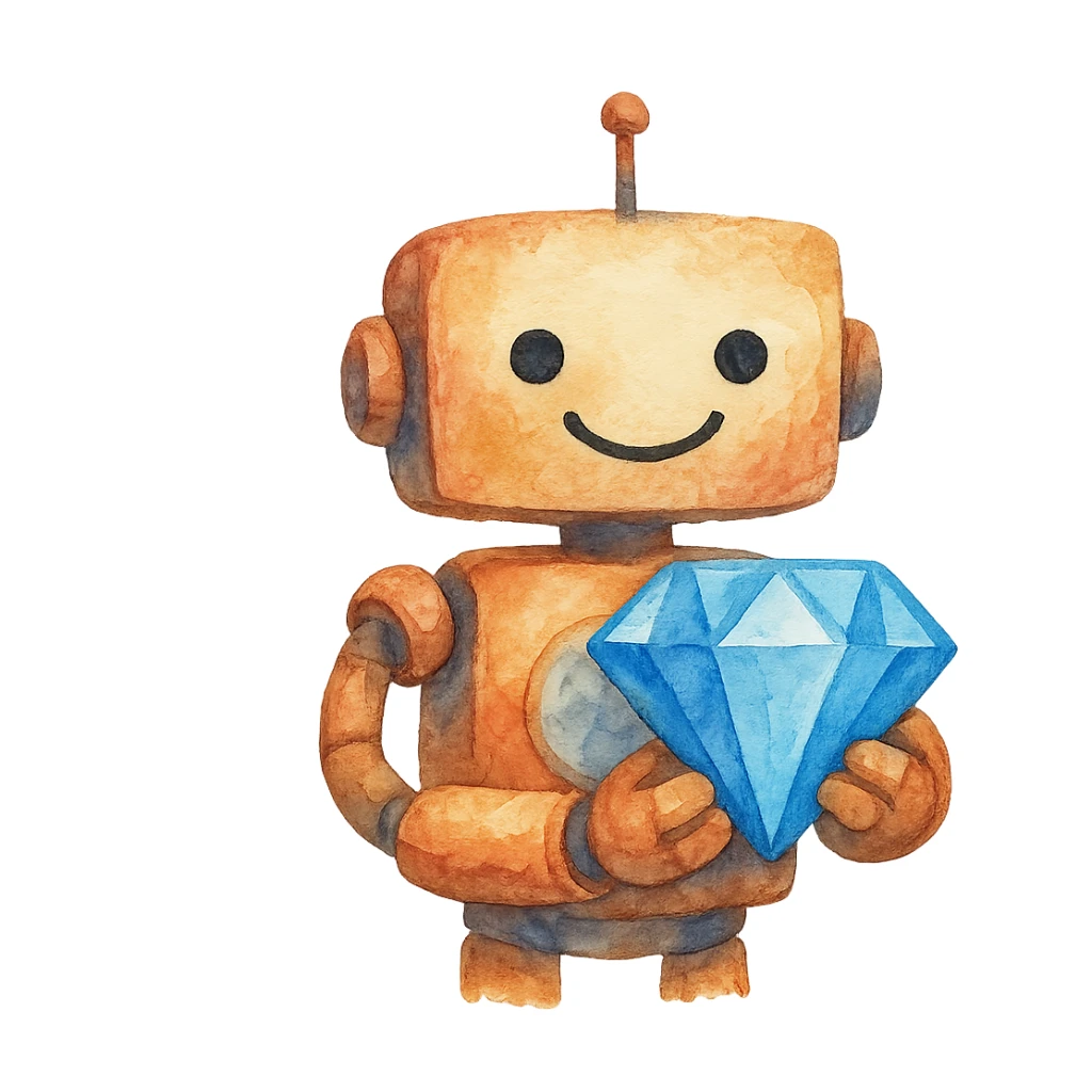 watercolor style smiling robot holding a blue diamond sticker
