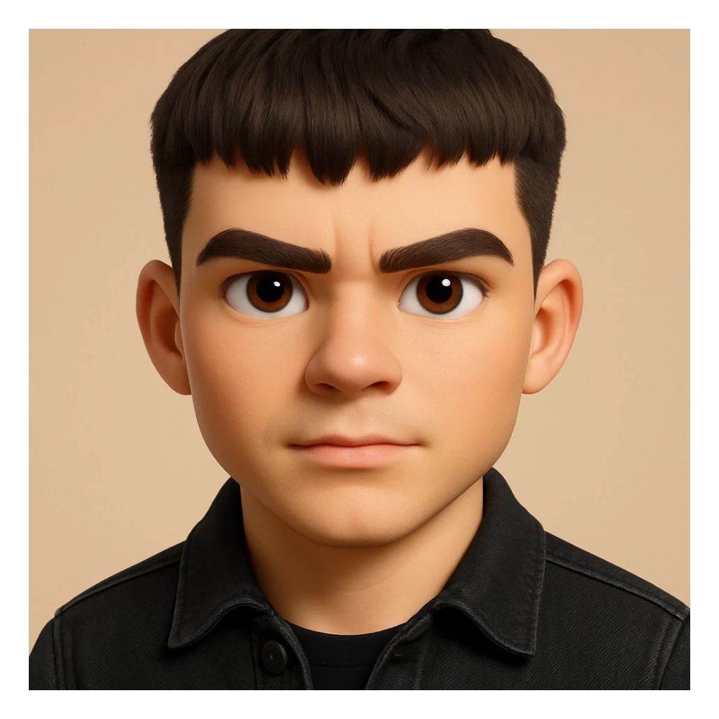 this image in 3d-emoji style, strong and confident expression (not sad), slimmer face, wearing a black jeans jacket sticker