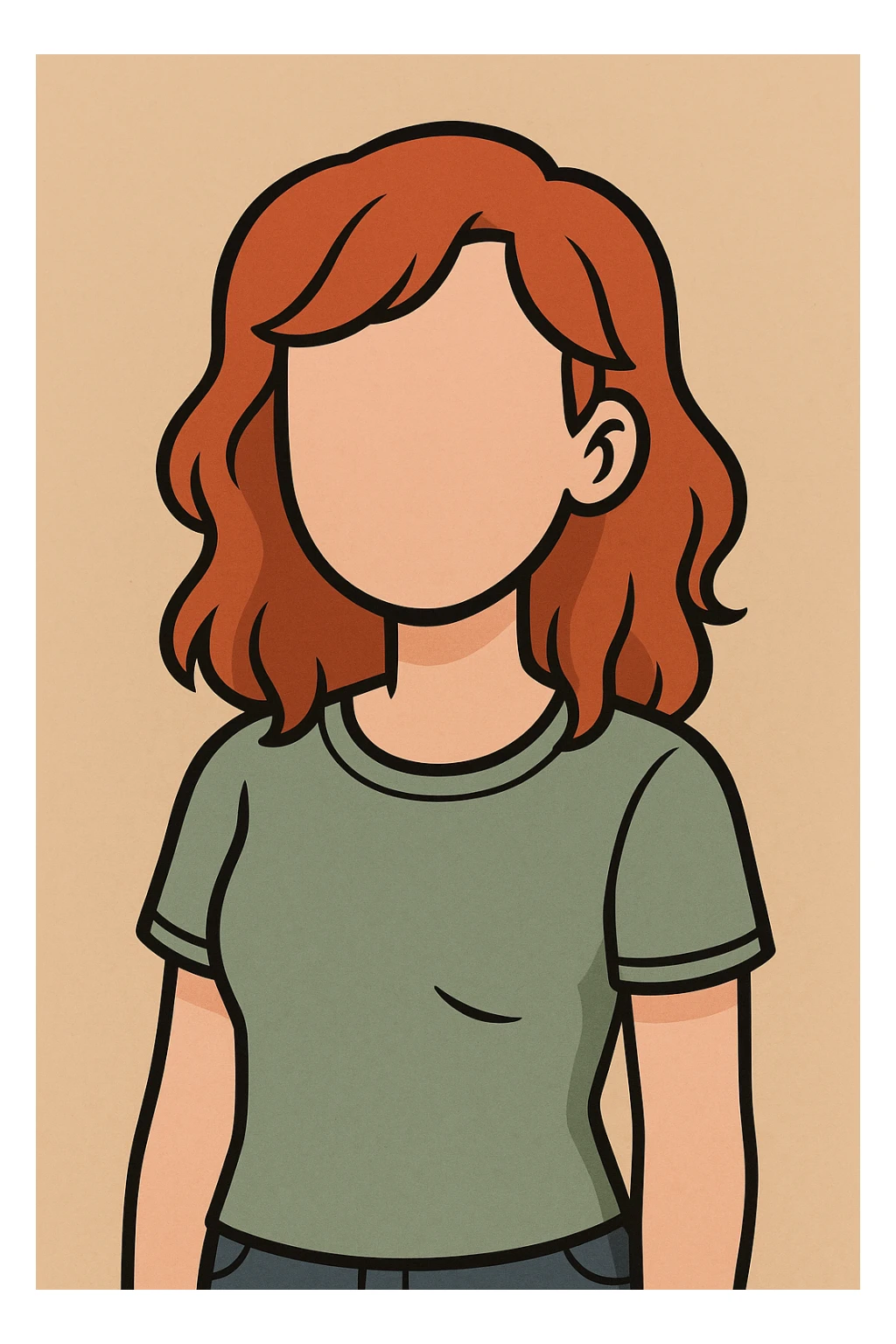 friendly faceless young woman avatar with red hair, soft approachable features, no facial details, modern casual style, simple flat toon illustration sticker