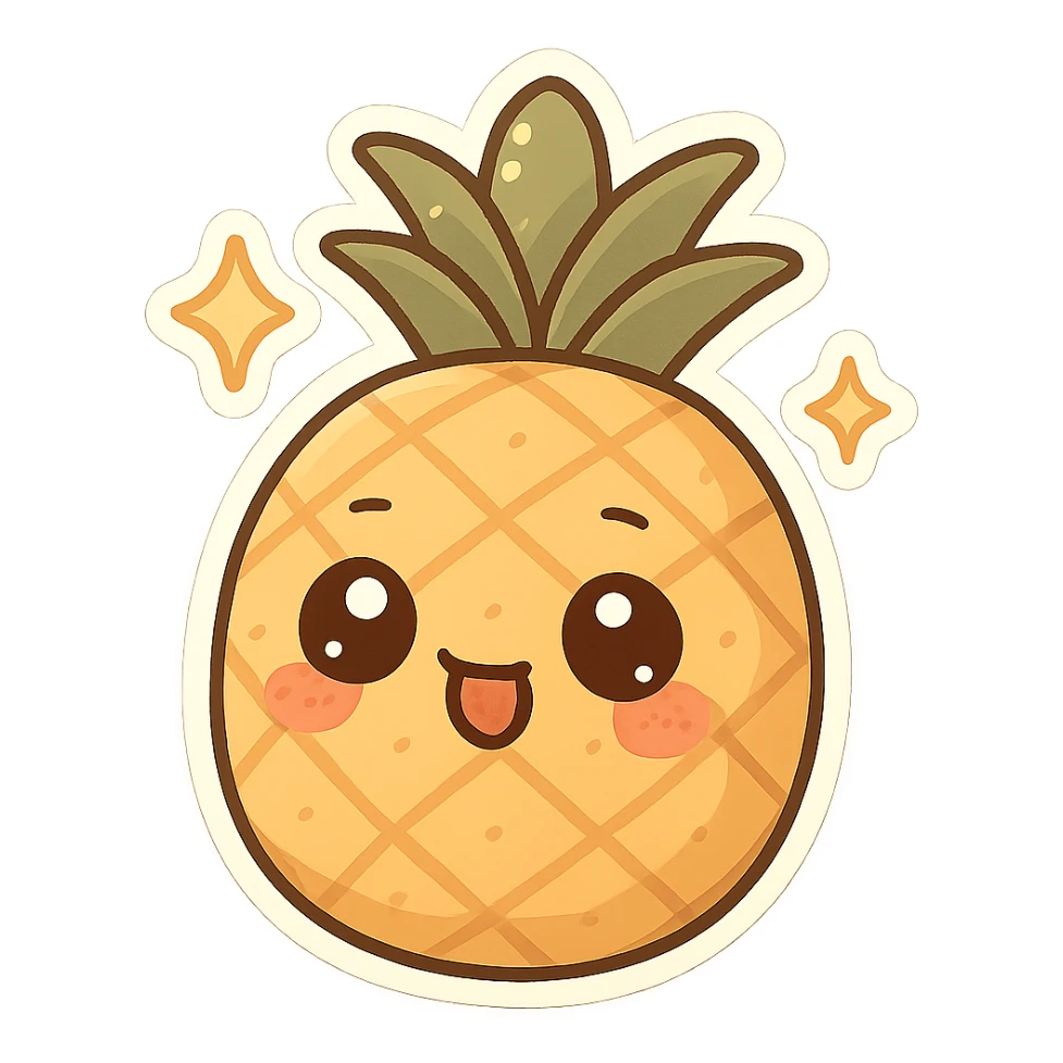 chibi sticker-style pineapple with sparkles, cute and exaggerated sticker