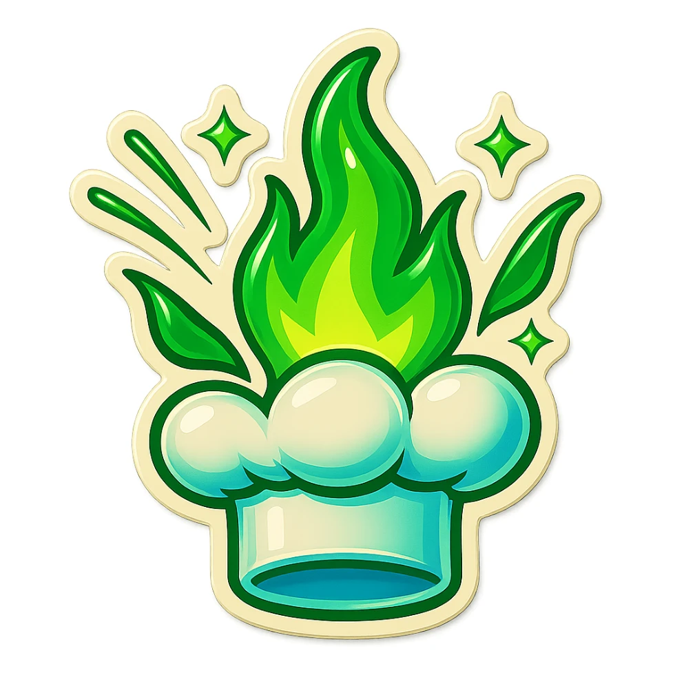 chef's hat explode with trails of fires, emoji, playful, magic flame green gradient, vibrant, flame matching style reference file sticker