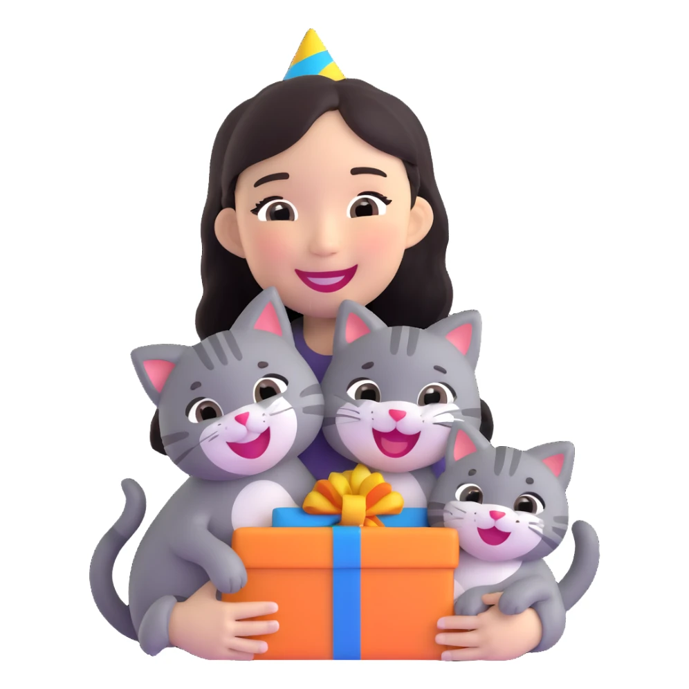 asian girl laughing, holding a grey cat, birthday party sticker