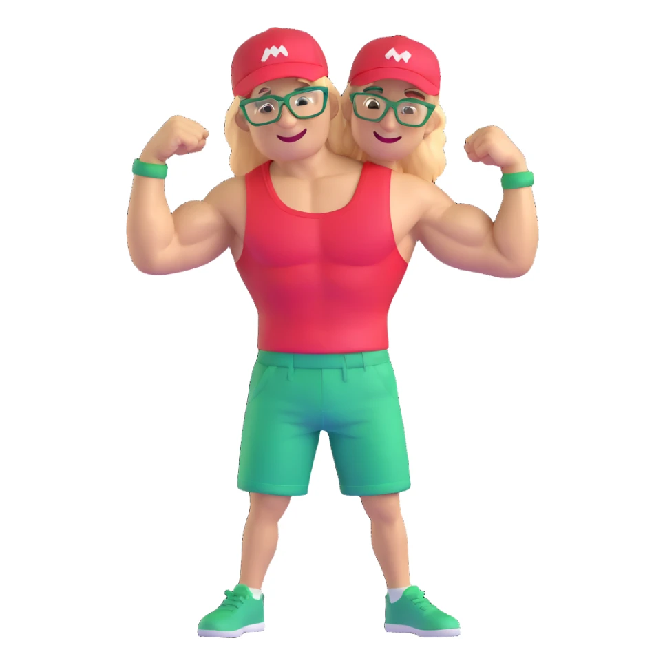 Man with black and white cap, bare torso, red shorts, clear glasses, messy light blond mullet hairstyle, smiling and flexing muscles sticker