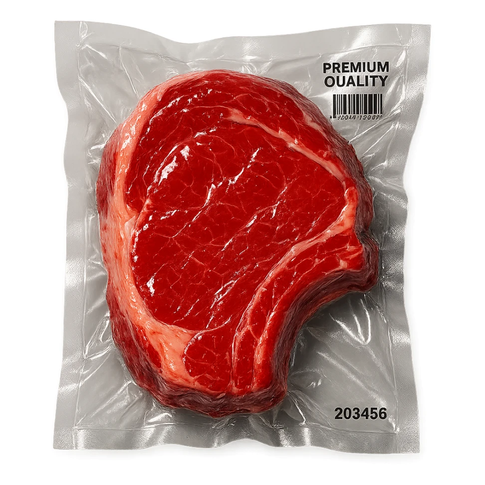 shiny steak, extra glossy and puffy, vacuum-sealed style sticker