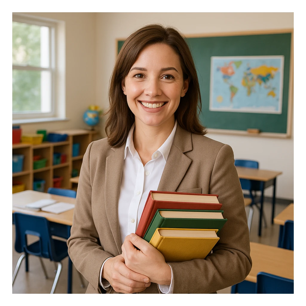 teacher with brown hair holding books, friendly classroom setting, clear facial features, professional attire sticker