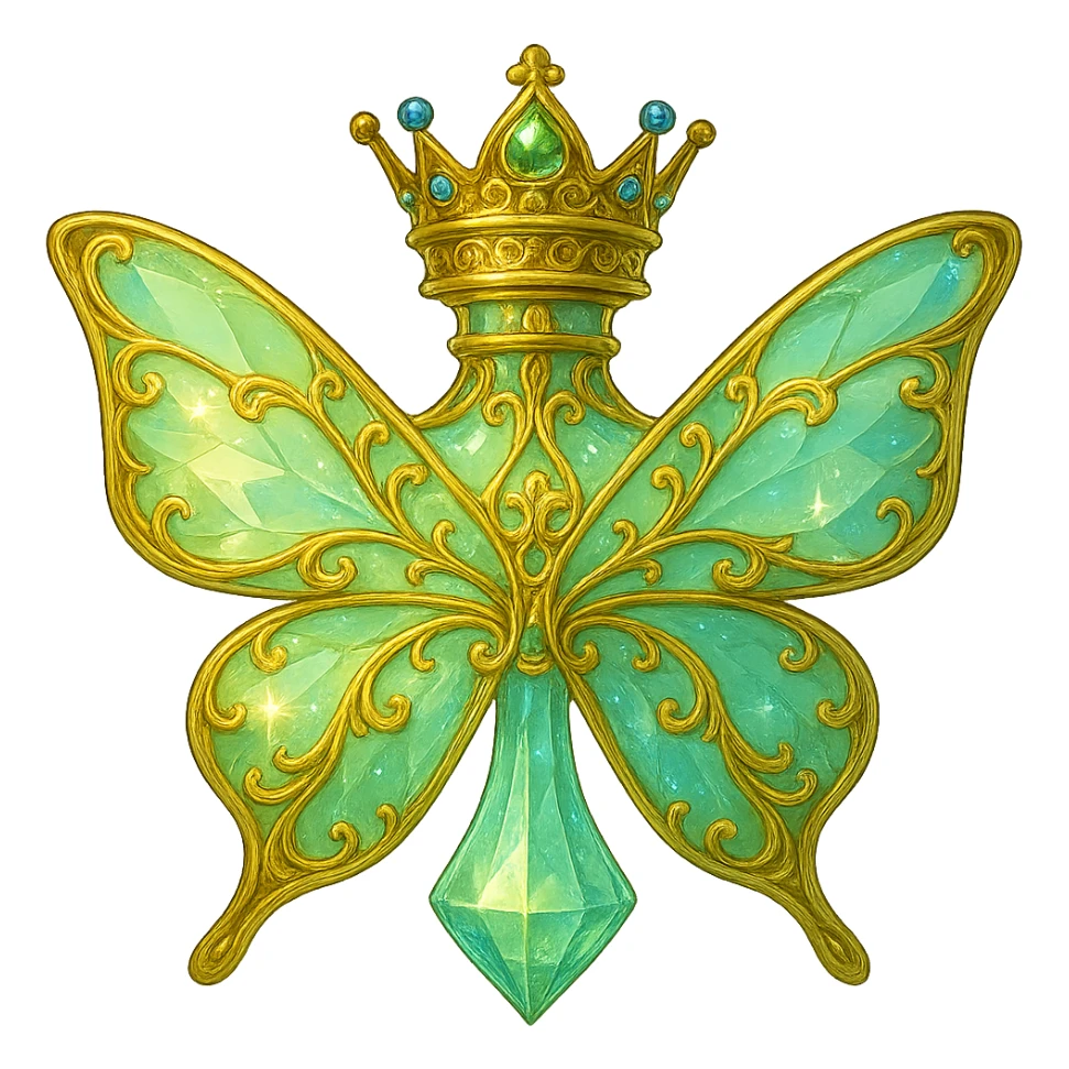 Create a bright fantasy style design of a bottle with a short neck and a princess crown on top. The bottle should have a crystal butterfly shape with golden details. The colors of the bottle should blend beautifully in a soft, crystalline gradient of light green (#c0ff53), blue, and similar shades. The background should be transparent with a nicely merging bottom and the bottle should appear to be hanging in the air without any base or shadow. sticker