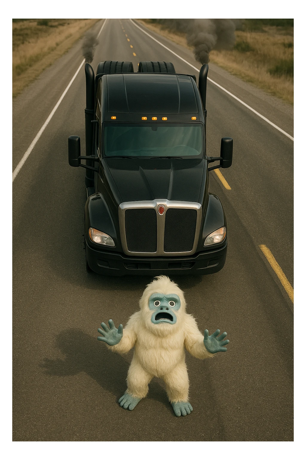 Make the scene more realistic: a small yeti (abominable snowman) on a long highway in front of a modern black Kenworth W680 flat top semi sleeper, top-down view, realistic lighting and details, no text. sticker