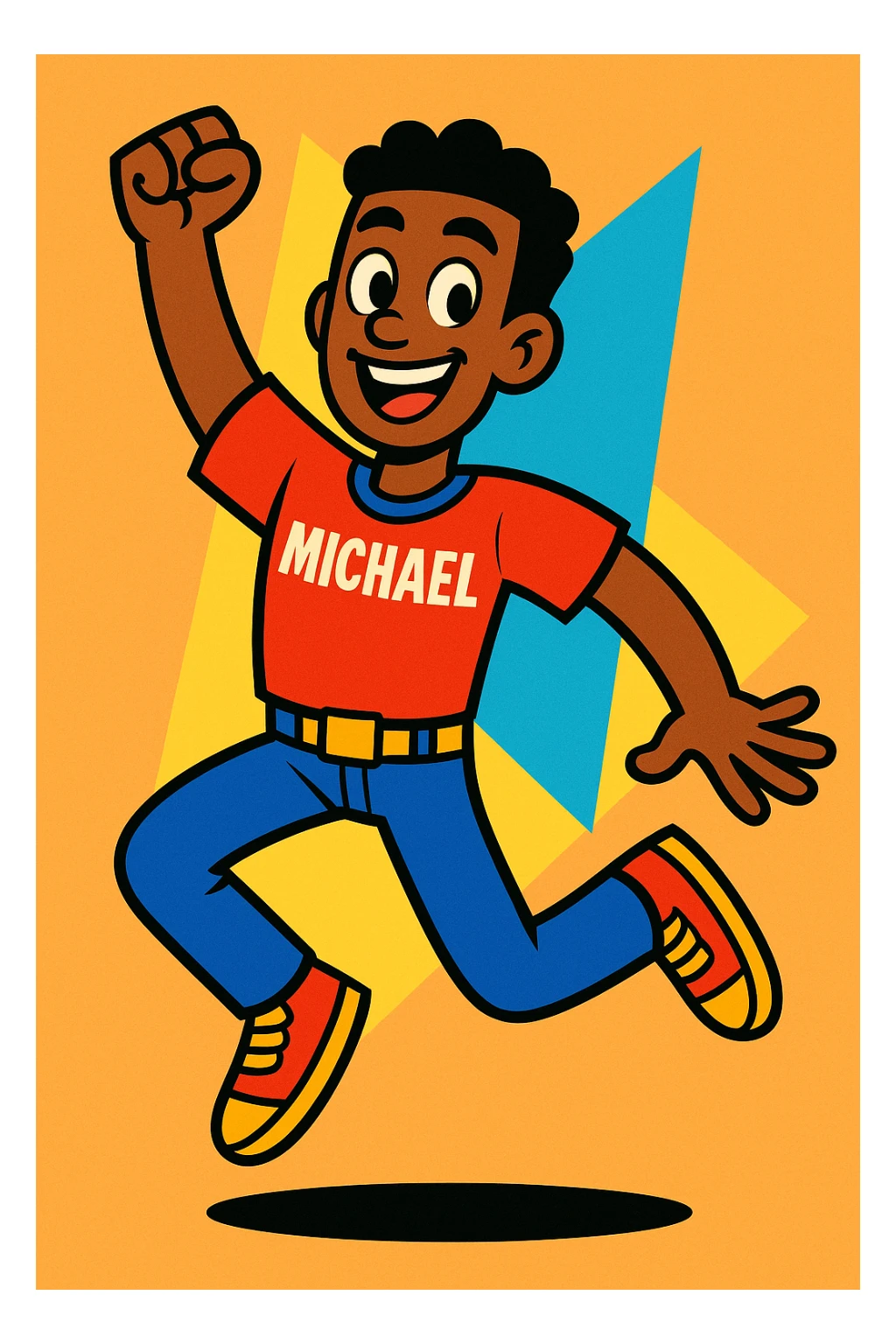 vibrant toon version of Michael, energetic pose, bright colors, friendly face sticker
