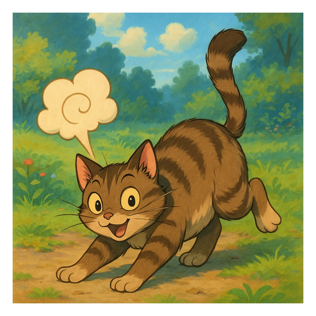 cat in a whimsical pose with a stylized fart cloud, ghibli-inspired style sticker