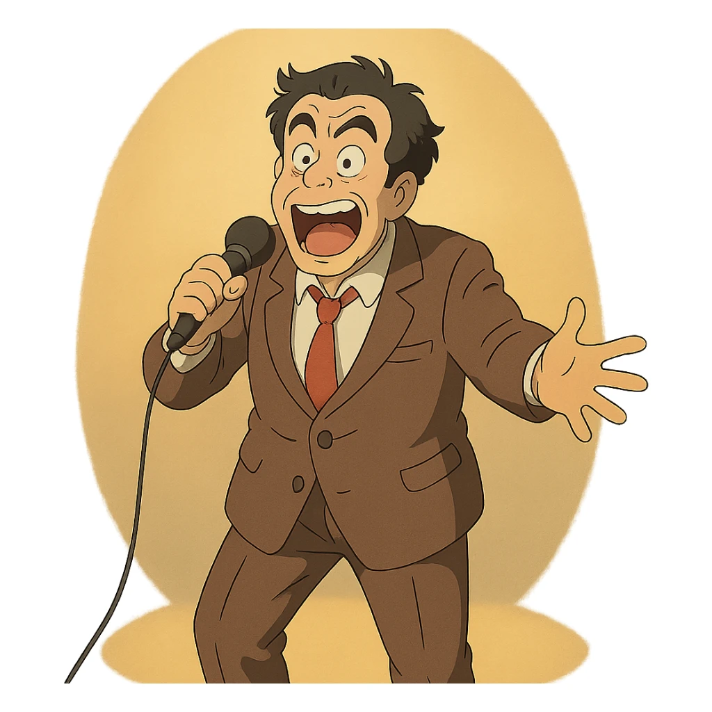 ghibli style comedian performing with expressive face and spotlight sticker