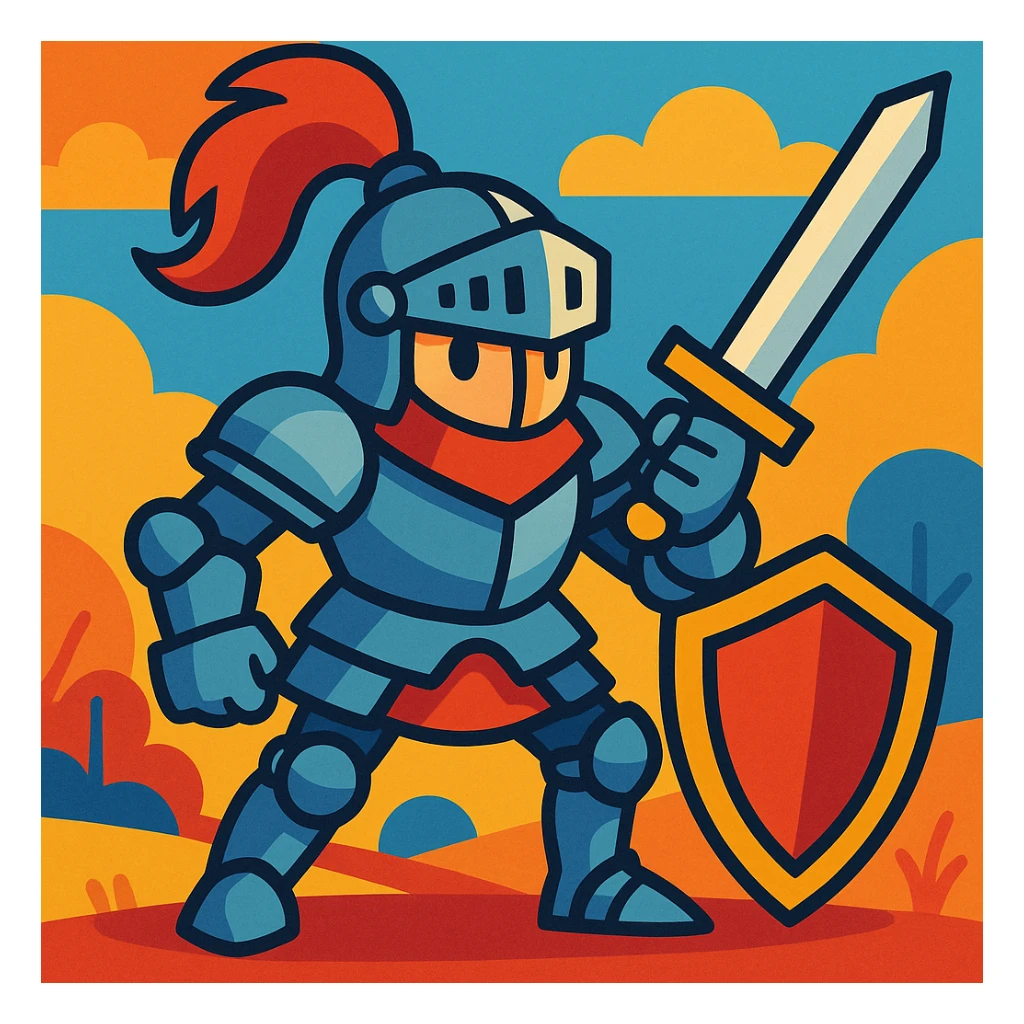 knight in armor with sword, vibrant cartoon style sticker