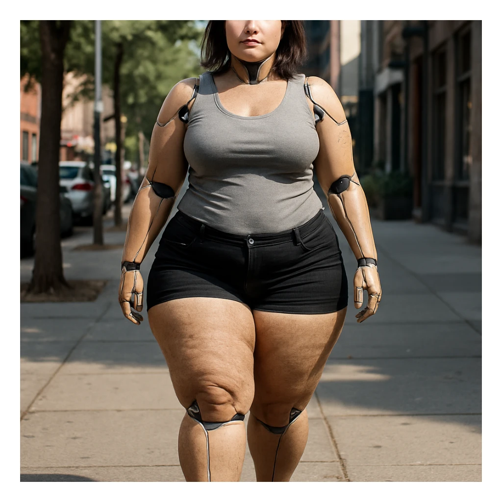 hyper realistic 4K gynoid woman walking outdoors, fat on legs and thighs, urban background, relaxed atmosphere sticker