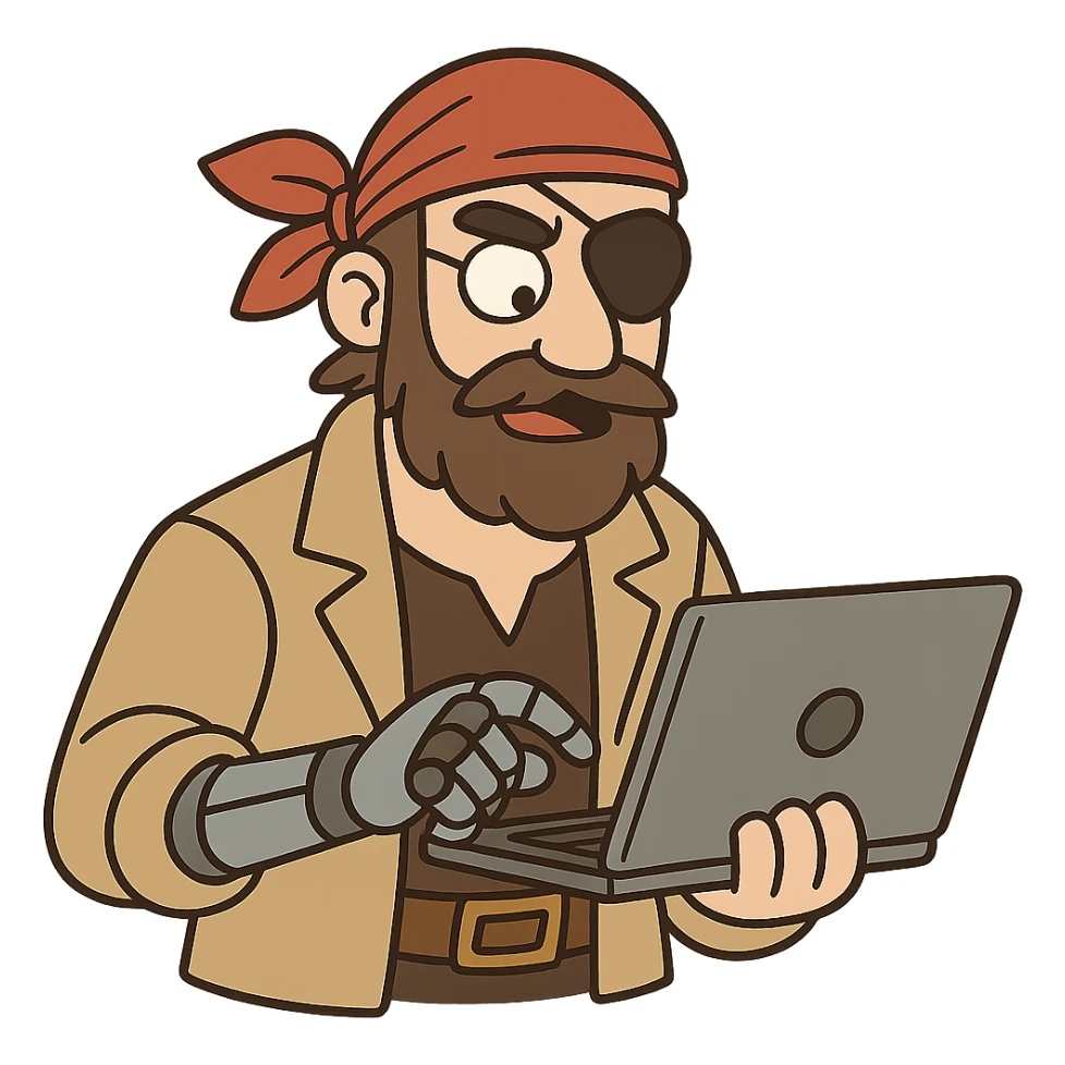 a pirate with a robotic arm, holding a laptop, wearing a bandana and eye patch, digital era pirate, cartoon style sticker
