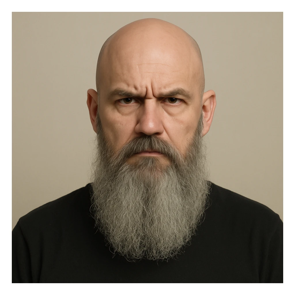 a bald man with a long grey beard, serious face, plain background sticker