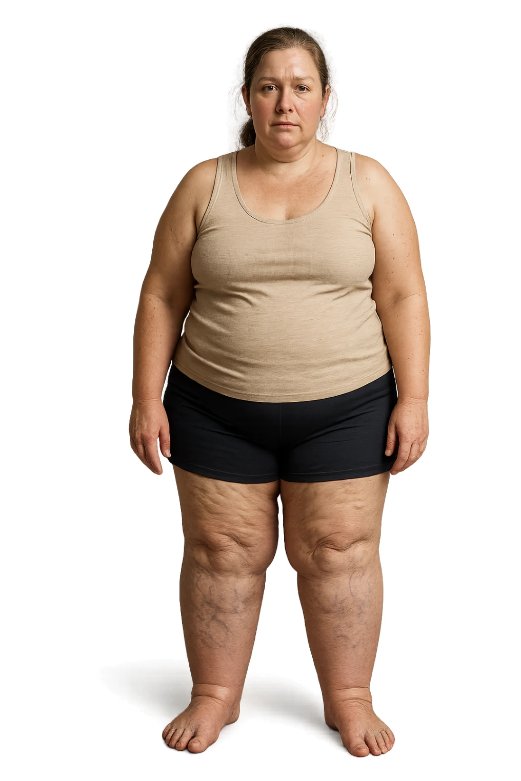 donna realistica leggermente in sovrappeso con vene visibili sulle gambe e gambe gonfie, iperrealistica 4k, IPERREALISTICA 4K sticker