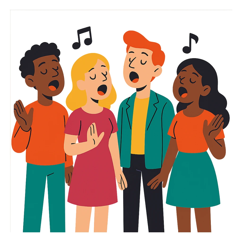 acappella group singing together, cartoon style, vibrant toon style sticker