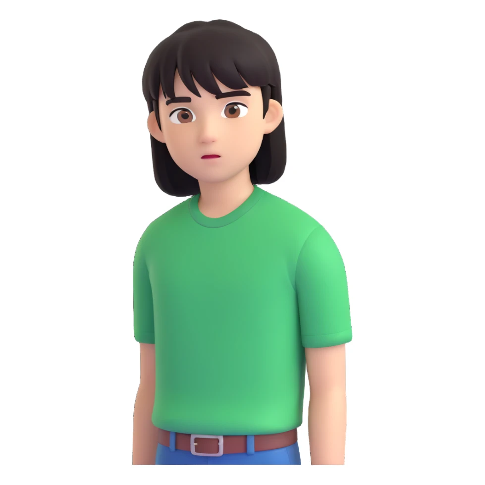 A boy with straight bangs covering his eyebrows, long hair at the back, black eyes, and brownish-black hair, wearing a green shirt the color of brilliant green antiseptic. sticker