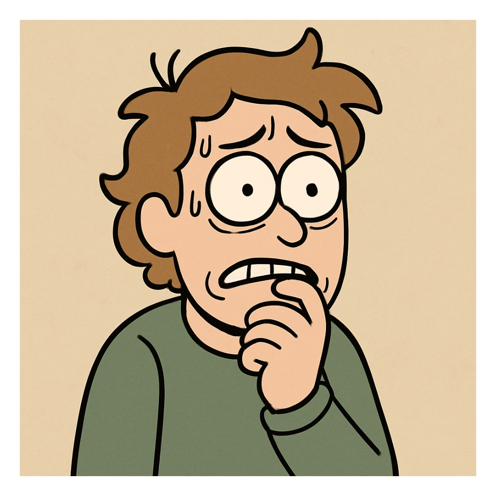 a person with a hand on their chin, wide eyes, looking anxious and scared, simple illustration sticker