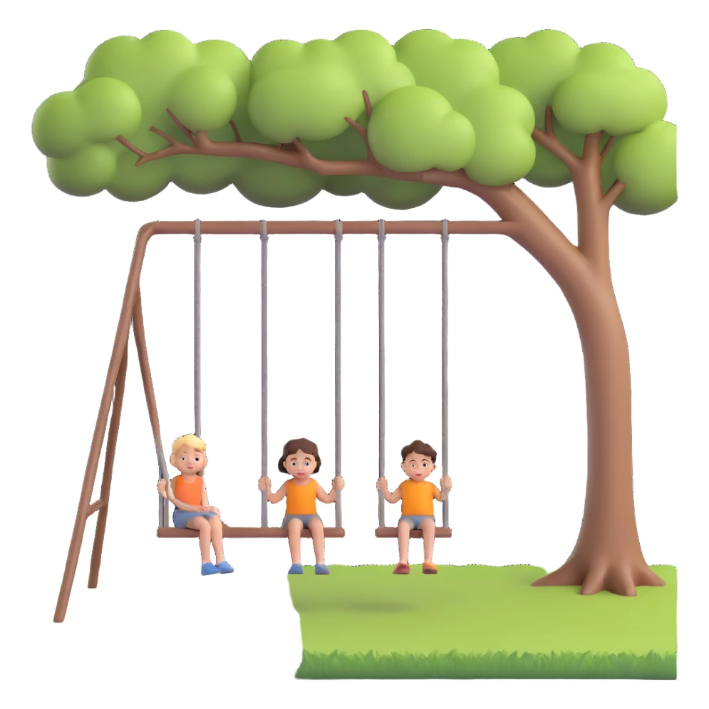 A person pushing a swing with a child sitting on it, outdoors, under a tree, in daylight. The swing is moving back and forth. Focus on the motion of swinging and the person gently pushing it sticker