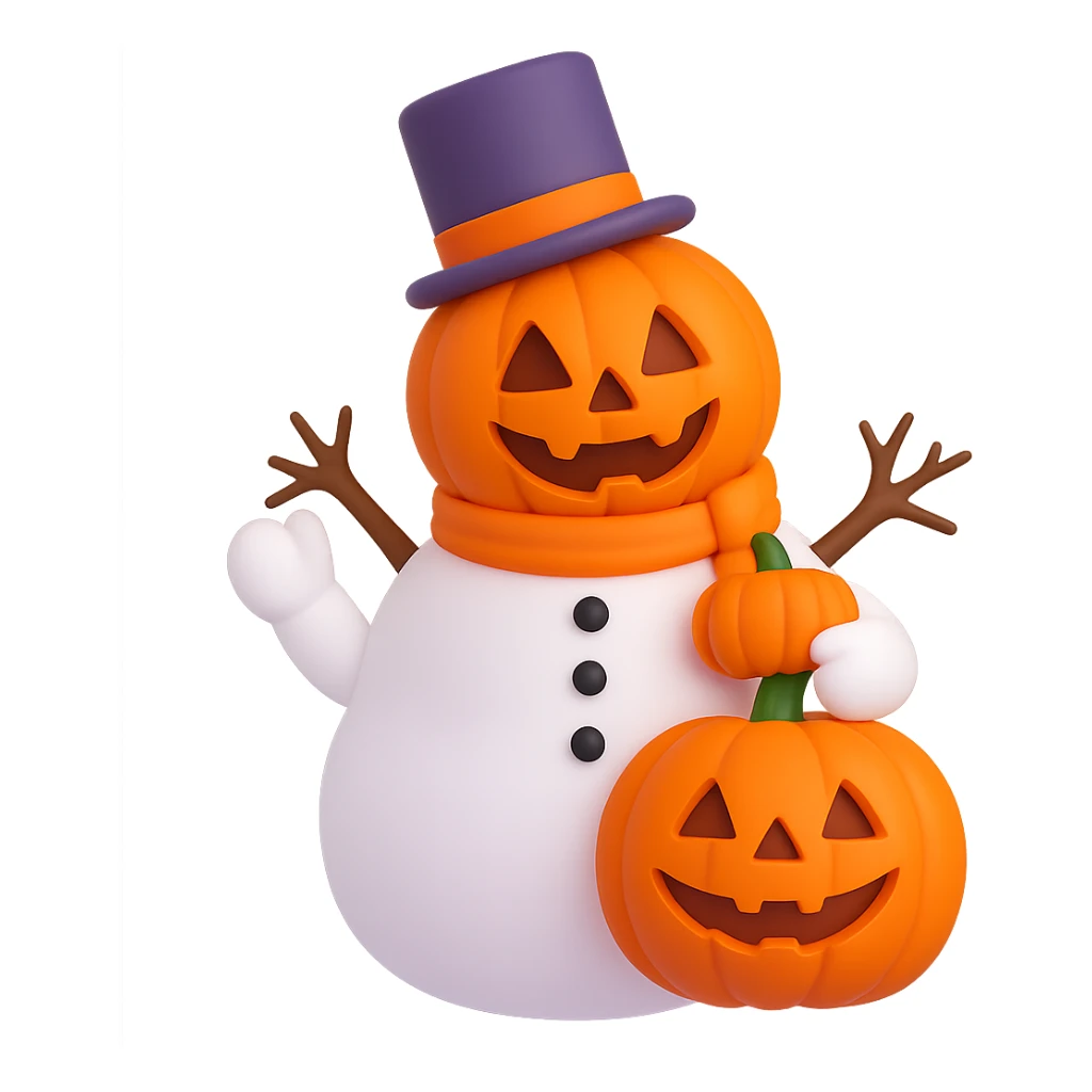 Change the snowman's head to a hollowed-out pumpkin while keeping the body like a classic snowman. Render in 3D emoji style. Remove the background. sticker