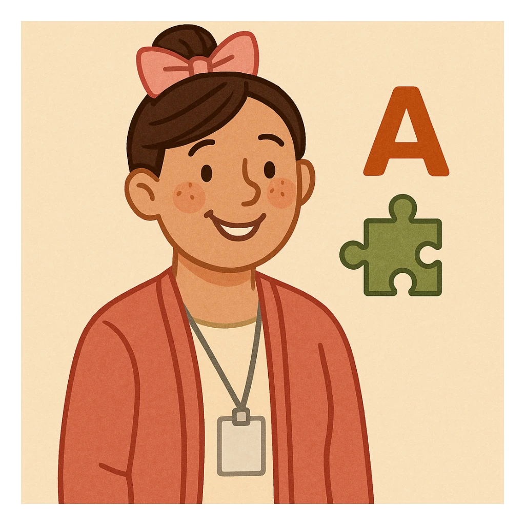 special education teacher with a pink bow in her hair, clear and friendly illustration style, warm expression, simple background sticker