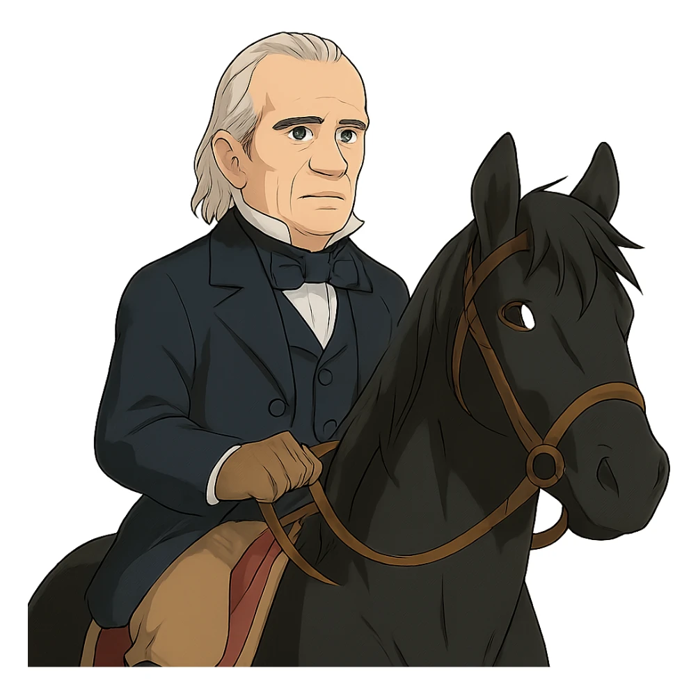 President Polk's face on a black horse sticker