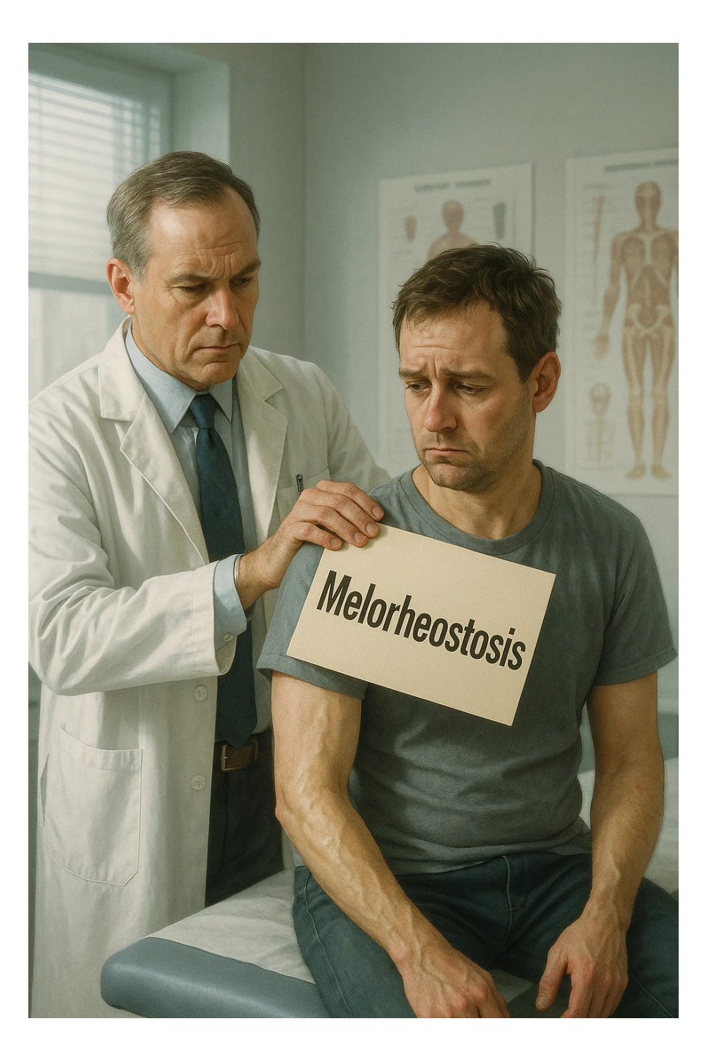 A realistic, cinematic illustration set in a bright, modern medical office. A middle-aged doctor in a white lab coat with a serious expression is shown gently placing a large paper label on the shoulder of a male patient sitting on the examination table. The label has the word 'Melorheostosis' written on it, symbolizing the act of labeling the patient with his rare bone condition. The patient looks confused and slightly disheartened, wearing a simple t-shirt with part of his arm exposed, showing subtle signs of bone thickening or deformation associated with melorheostosis. The background includes medical charts and a softly blurred skeleton model, emphasizing the medical setting. The lighting is bright but neutral, conveying a sterile, clinical atmosphere while focusing on the symbolic moment of receiving a diagnosis label. The mood is introspective and slightly heavy, illustrating the emotional weight of being defined by a rare chronic condition sticker