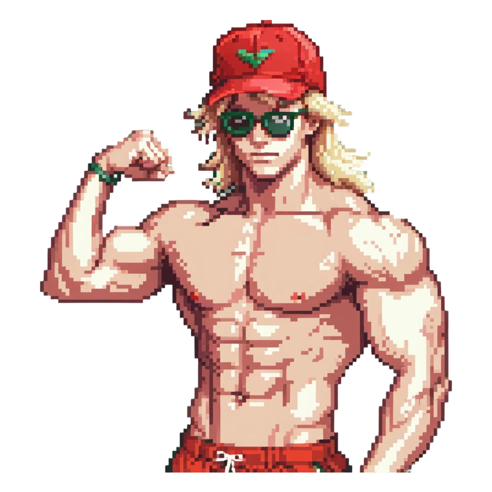 Man with black and white cap, bare torso, red shorts, clear glasses, messy light blond mullet hairstyle, flexing muscles sticker