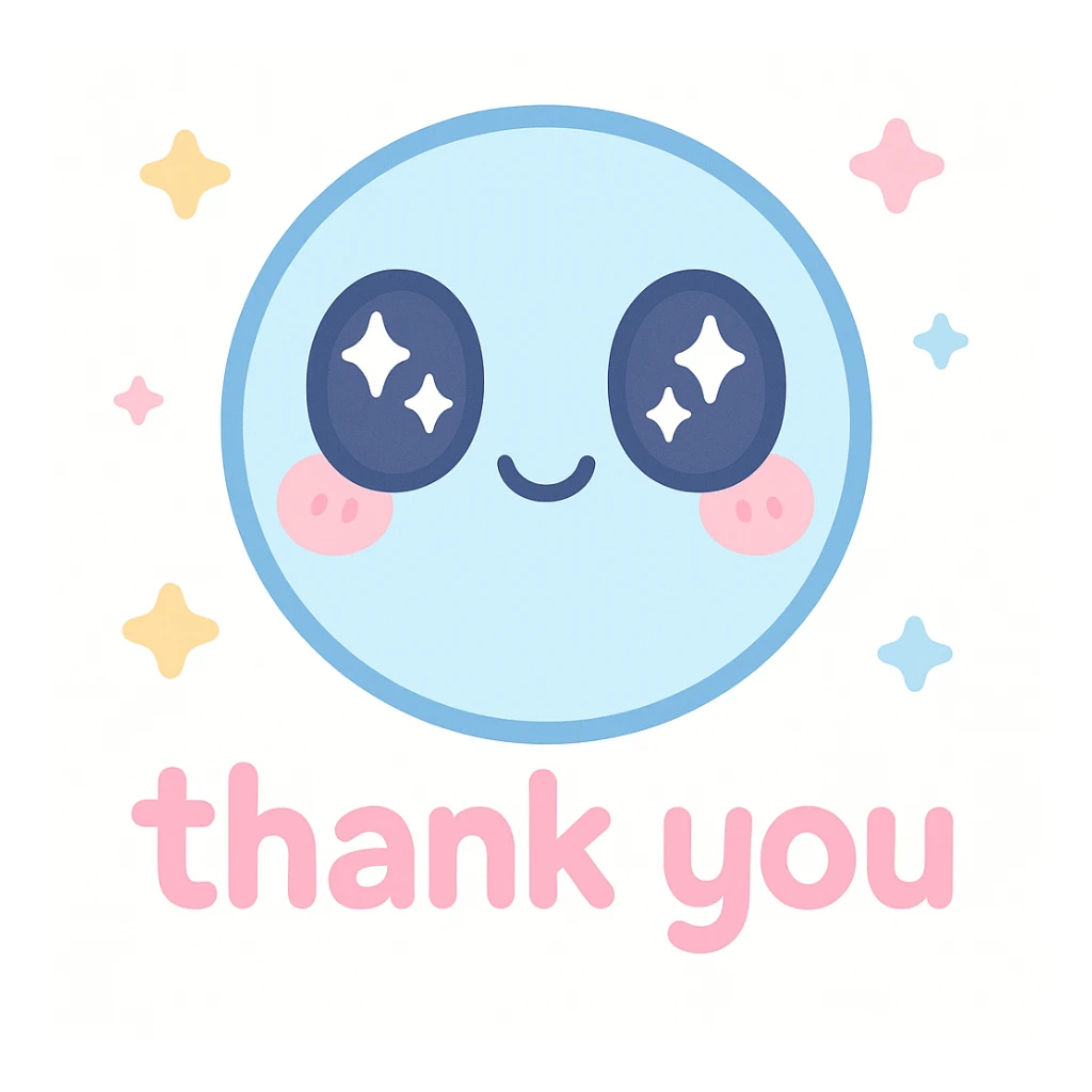 kawaii style emoji with sparkling eyes and 'thank you' text sticker