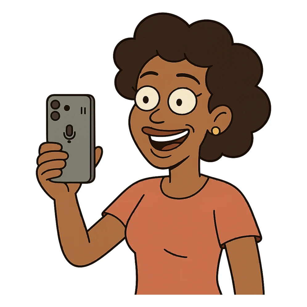 Afro-Caribbean female smiling, holding iPhone, recording sticker