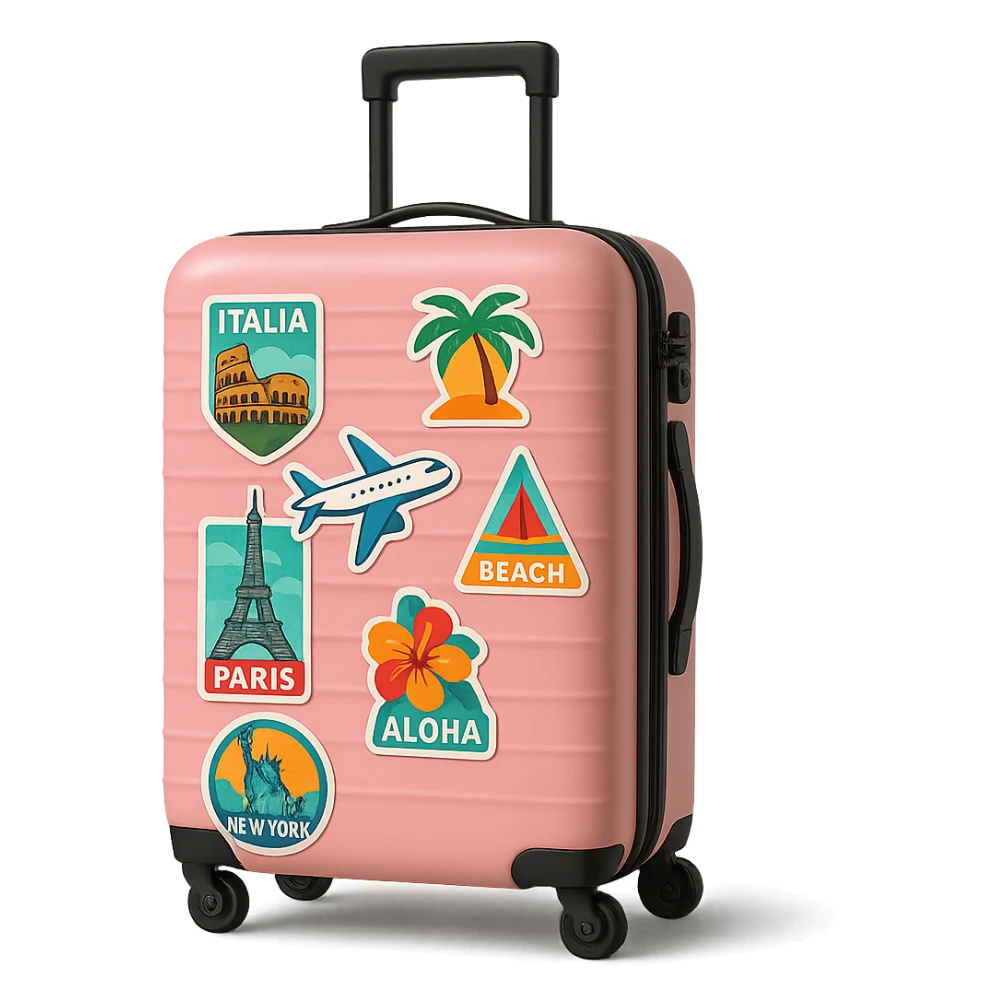 pink suitcase with travel stickers, trendy sticker