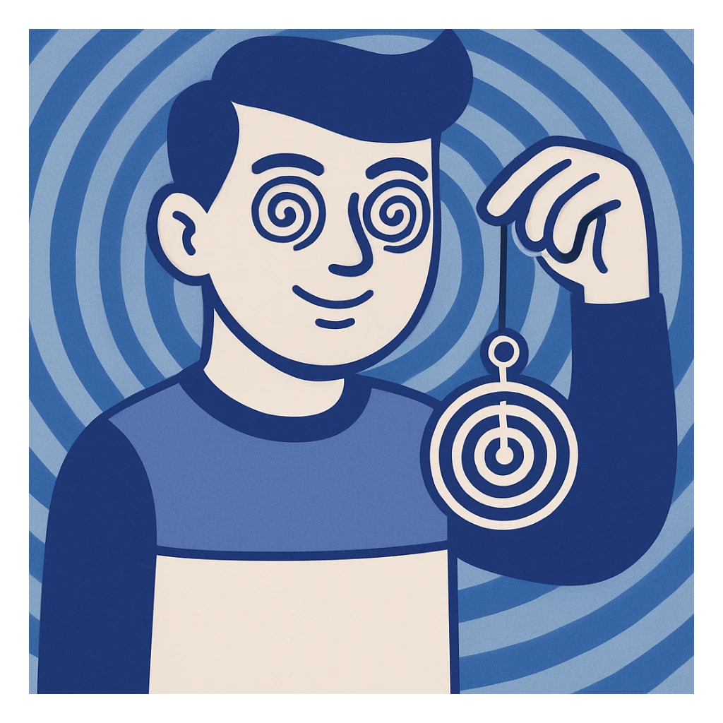 Add a hypnotic swirling background behind the stylized character, maintaining the flat blue illustration style. sticker