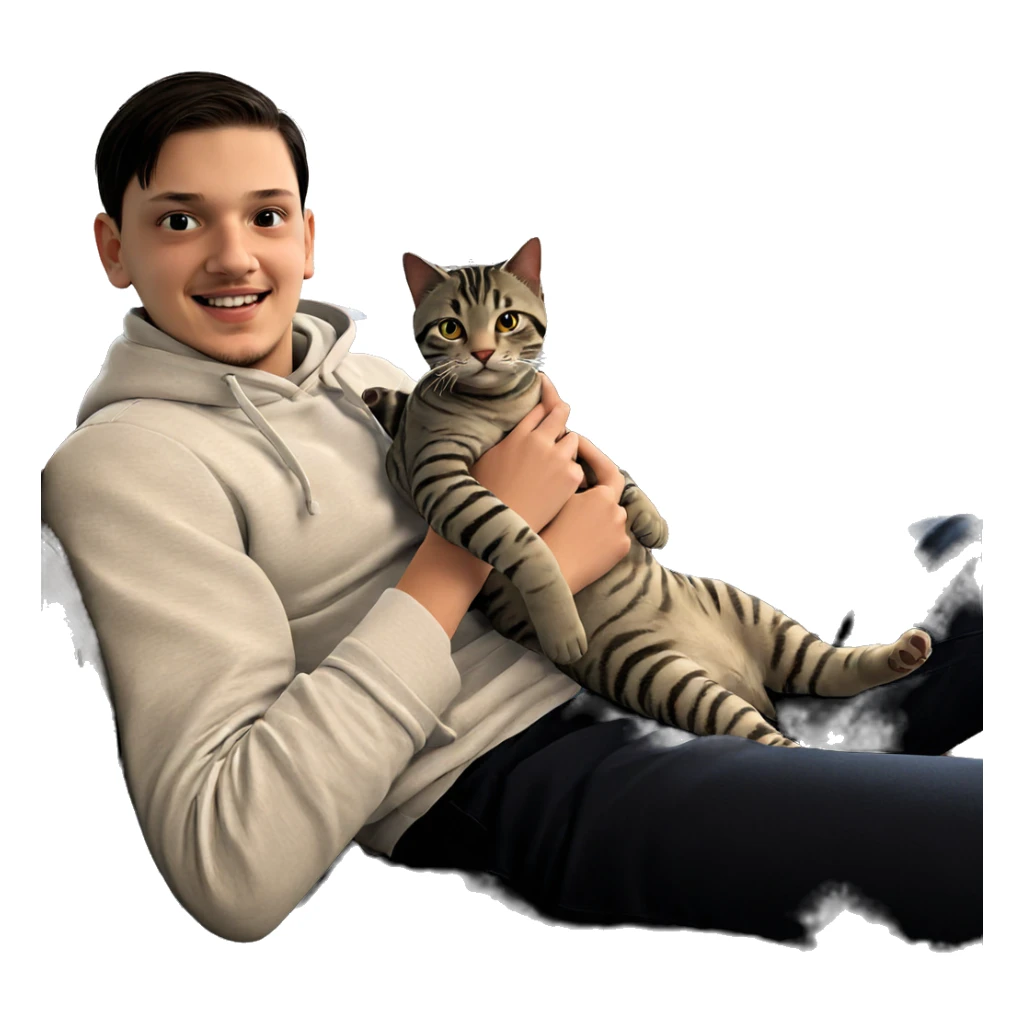 smiling boy holding cat sticker