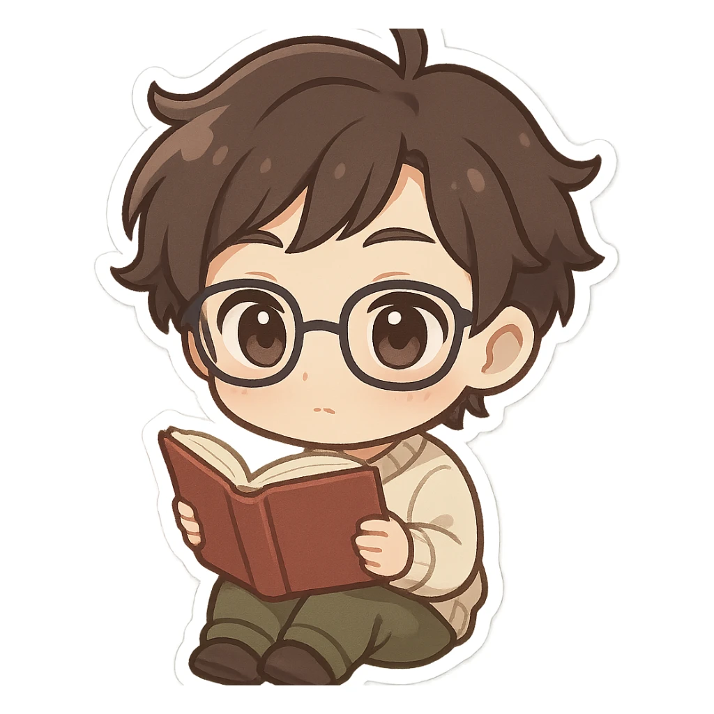 chibi anime character with glasses and a book, studious and cute sticker
