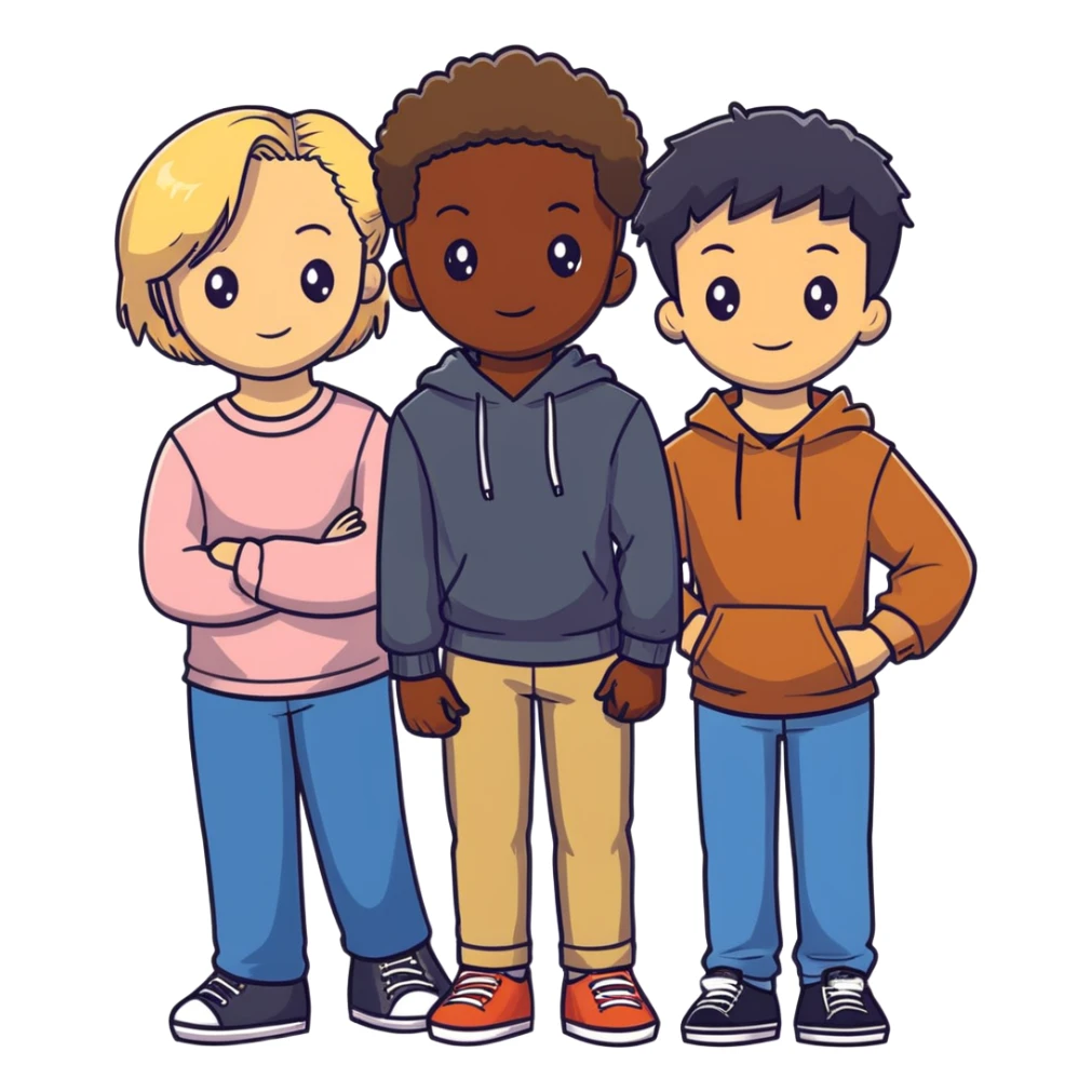 Group of diverse friends standing together, including a dark-skinned boy with straight hair, a light-skinned boy with straight blonde hair, a light-skinned girl with straight black hair, a mixed-race girl with straight brown hair, a light-skinned boy with wavy black hair, a mixed-race girl with dark curly hair, and in the center a light-skinned girl with wavy brown hair sticker