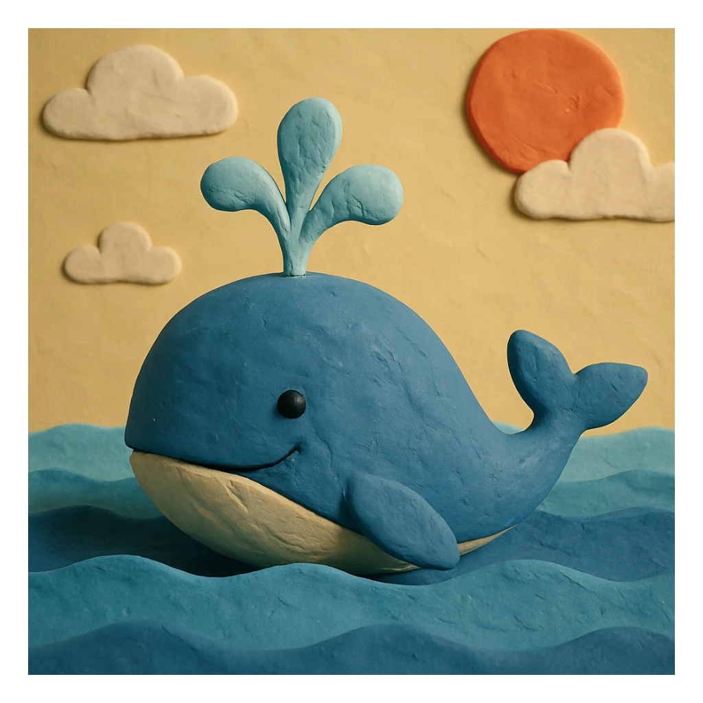 a blue whale with a water spout, claymation style sticker