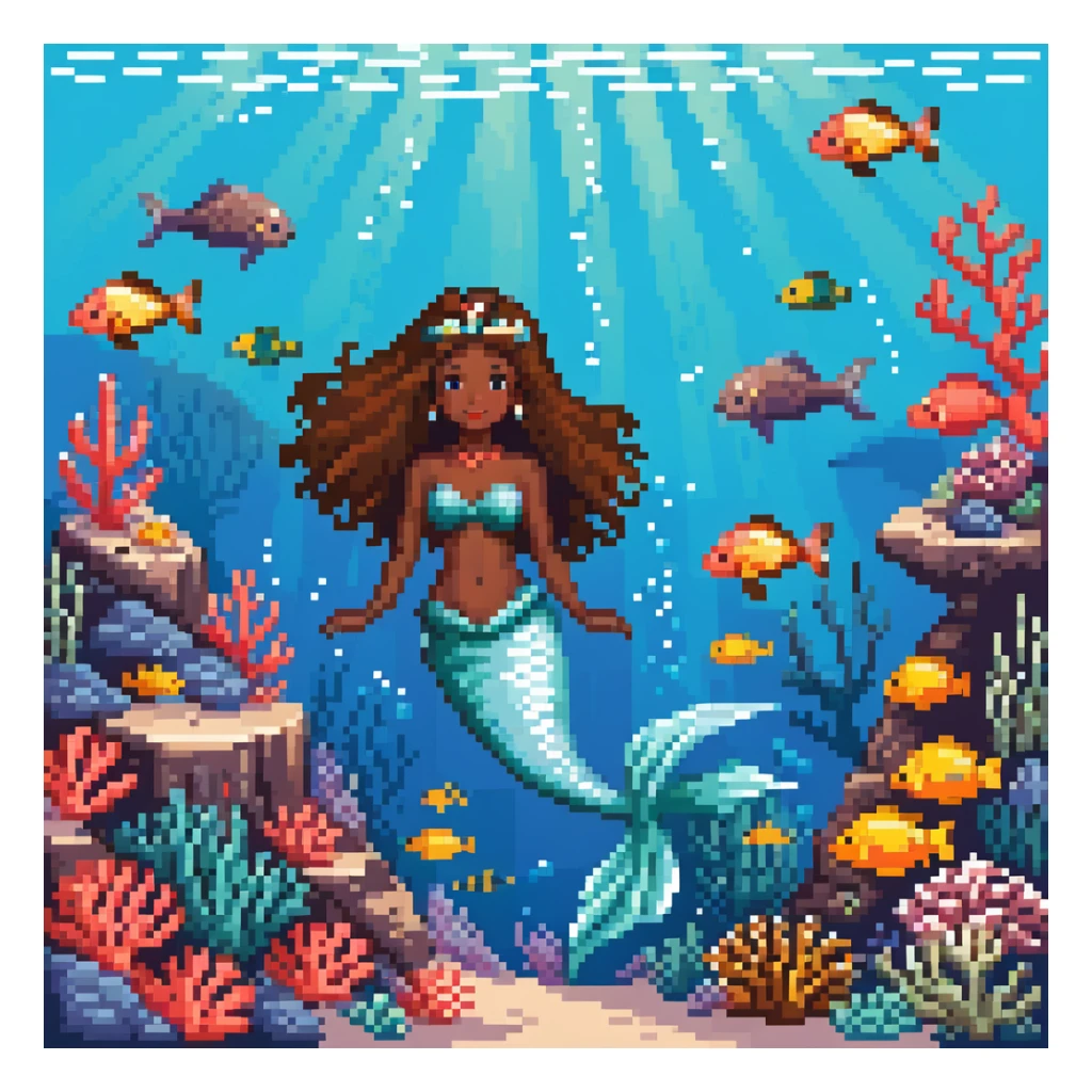 Dark brown skin beautiful mermaid princess in ocean setting with coral reef and fish sticker